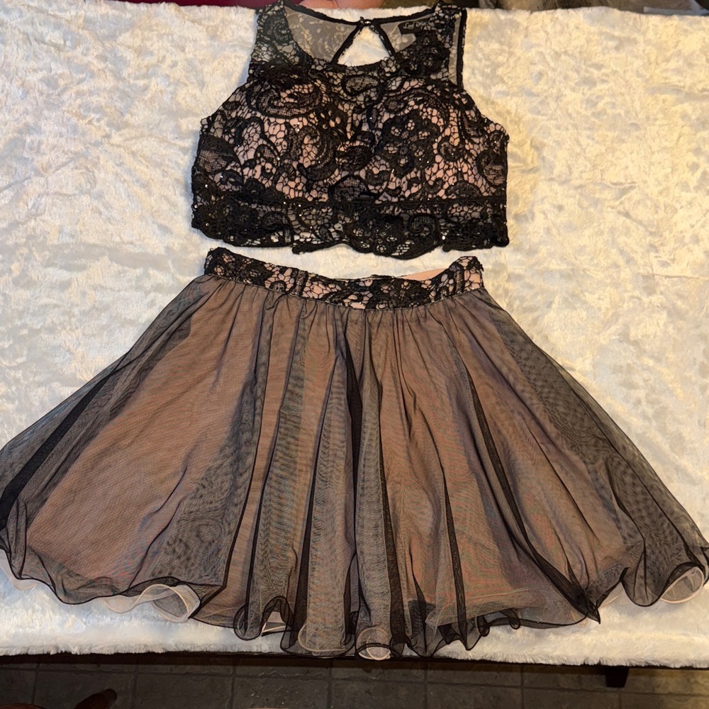 Love Reign Black Lace Overlay Two-Piece Skater Set with Nude Lining